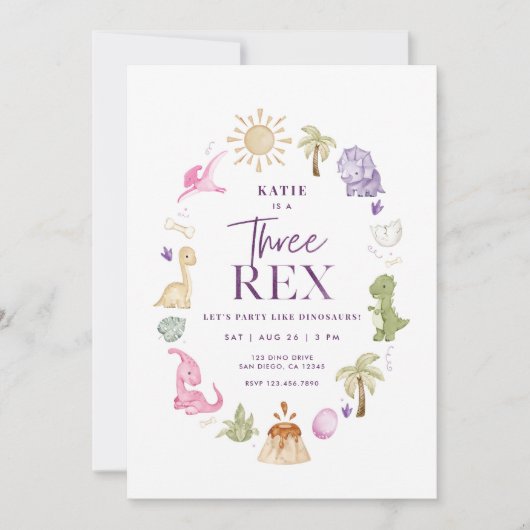 Meisje drie rex dinosaurus 3e verjaardag uitnodigi kaart (Voorkant)