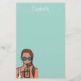 Meisje drink bubbelthee moderne tijd briefpapier