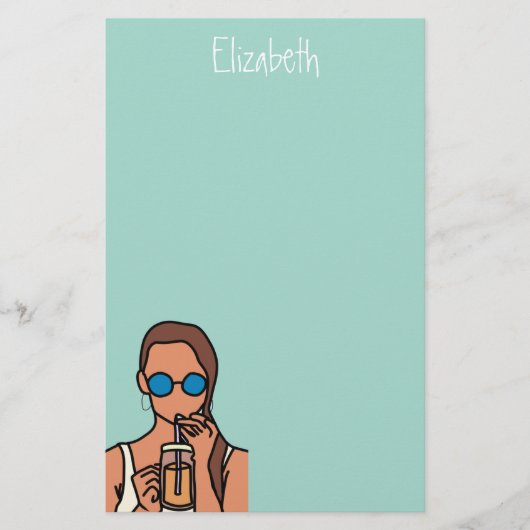 Meisje drink bubbelthee moderne tijd briefpapier (Voorkant)