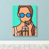 Meisje drink bubbelthee moderne tijd canvas afdruk (Insitu (Houten vloer))