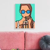 Meisje drink bubbelthee moderne tijd canvas afdruk (Insitu (Woonkamer))