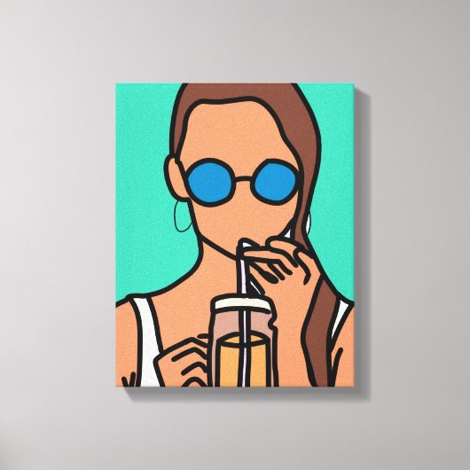 Meisje drink bubbelthee moderne tijd canvas afdruk (Voorkant)