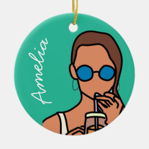 Meisje drink bubbelthee moderne tijd keramisch ornament