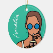 Meisje drink bubbelthee moderne tijd keramisch ornament (Links)