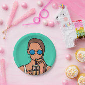 Meisje drink bubbelthee moderne tijd papieren bordje (Feest)