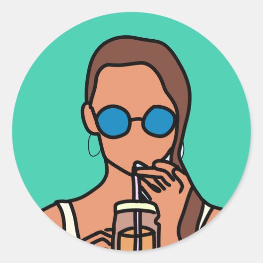 Meisje drink bubbelthee moderne tijd ronde sticker (Voorkant)