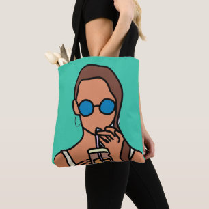 Meisje drink bubbelthee moderne tijd tote bag