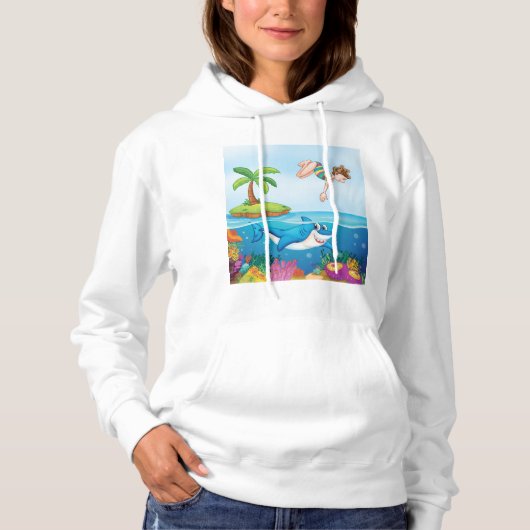 Meisje Duiken In De Oceaan Vriendelijke Shark Cora Hoodie (Voorkant)