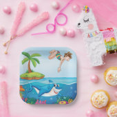 Meisje Duiken In De Oceaan Vriendelijke Shark Cora Papieren Bordje (Feest)