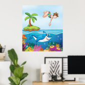 Meisje Duiken In De Oceaan Vriendelijke Shark Cora Poster (Thuiskantoor)