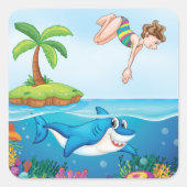 Meisje Duiken In De Oceaan Vriendelijke Shark Cora Vierkante Sticker (Voorkant)