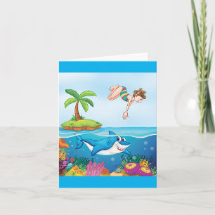 Meisje Duikt in Haaien Koraalrif Oceaan Kaart