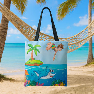Meisje Duikt in Haaien Koraalrif Oceaan Tote Bag