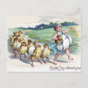 Meisje Easter Chick Egg Drum Victoriaans Feestdagenkaart