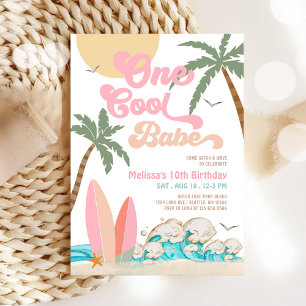Meisje Eén Cool Babe Surft 1e Verjaardagsfeestje Kaart