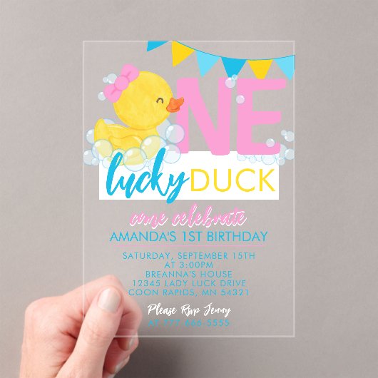 Meisje Een Lucky Duck Waterverf 1e Verjaardag Acryl Uitnodigingen (Insitu (Draagbaar))