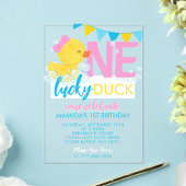 Meisje Een Lucky Duck Waterverf 1e Verjaardag Acryl Uitnodigingen
