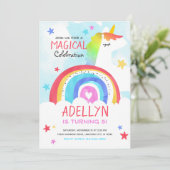 Meisje Eenhoorn en Regenboog Verjaardagsuitnodigin Kaart (Staand voorkant)