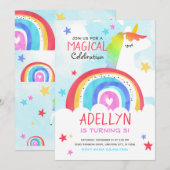 Meisje Eenhoorn en Regenboog Verjaardagsuitnodigin Kaart (Voorkant / Achterkant)