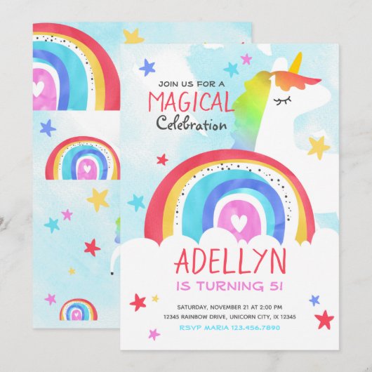 Meisje Eenhoorn en Regenboog Verjaardagsuitnodigin Kaart (Voorkant / Achterkant)