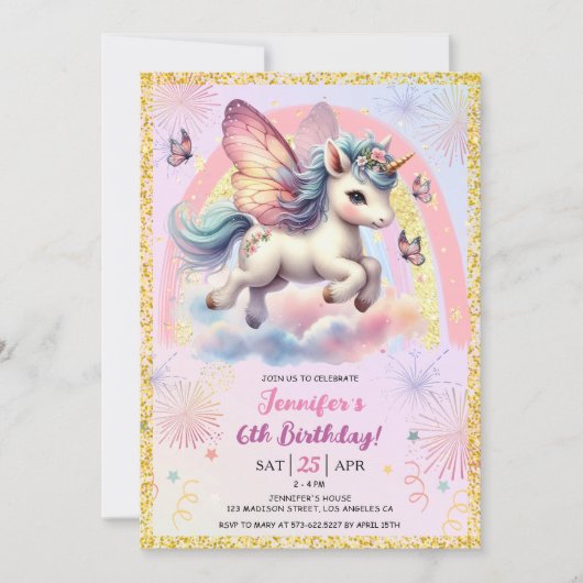 Meisje Eenhoorn Goud Glitter Roze 6e Verjaardag Pa Kaart (Voorkant)