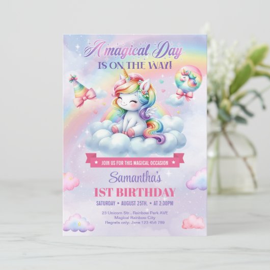 Meisje Eenhoorn op een wolk en Regenboog 1e Verjaa Kaart (Staand voorkant)