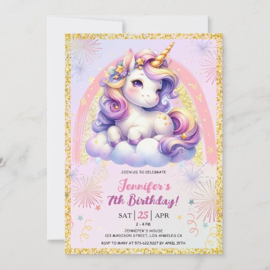 Meisje Eenhoorn Paars Roze & Goud 7e Verjaardagsfe Kaart (Voorkant)
