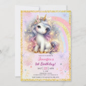 Meisje Eenhoorn Roze Gouden Glitter 1e Verjaardags Kaart (Voorkant)