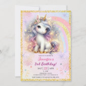 Meisje Eenhoorn Roze Gouden Glitter 3e Verjaardags Kaart (Voorkant)
