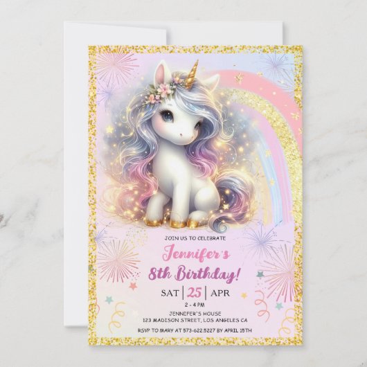 Meisje Eenhoorn Roze Gouden Glitter 8e Verjaardags Kaart (Voorkant)