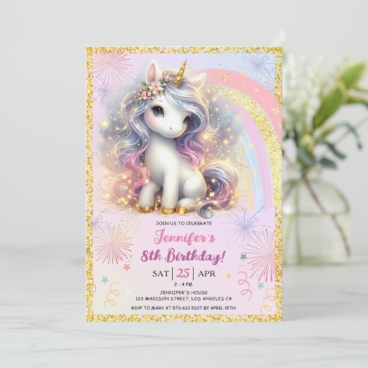 Meisje Eenhoorn Roze Gouden Glitter 8e Verjaardags Kaart (Staand voorkant)