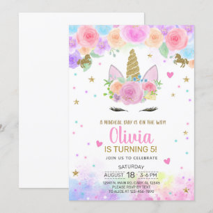 Meisje Eenhoorn waterverf en gouden verjaardagsuit Kaart