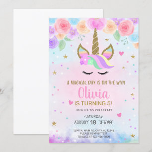 Meisje Eenhoorn waterverf en gouden verjaardagsuit Kaart