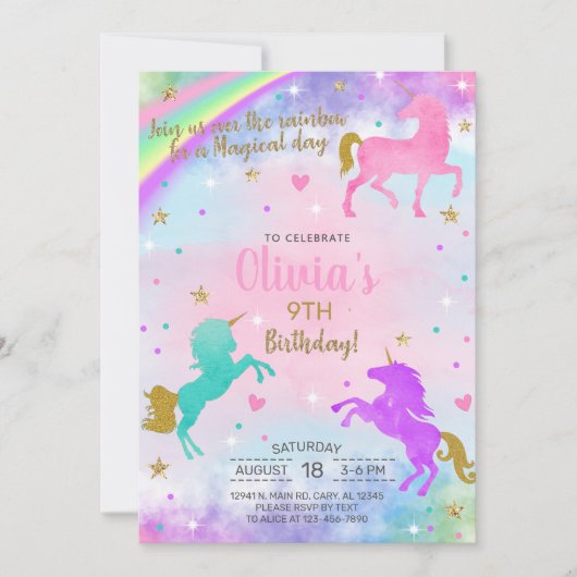 Meisje eenhoorns waterverf gouden verjaardagsuitno kaart (Voorkant)