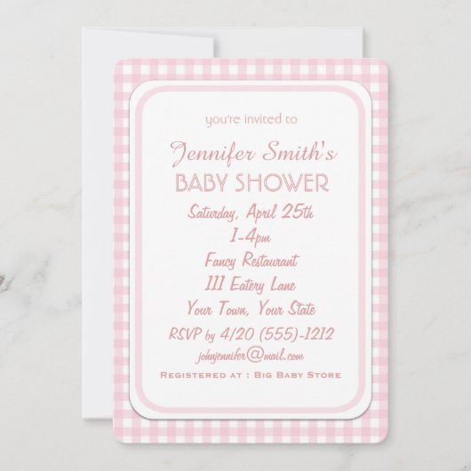 Meisje Eenvoudige Roze Check Baby Douche Uitnodigi Kaart (Voorkant)