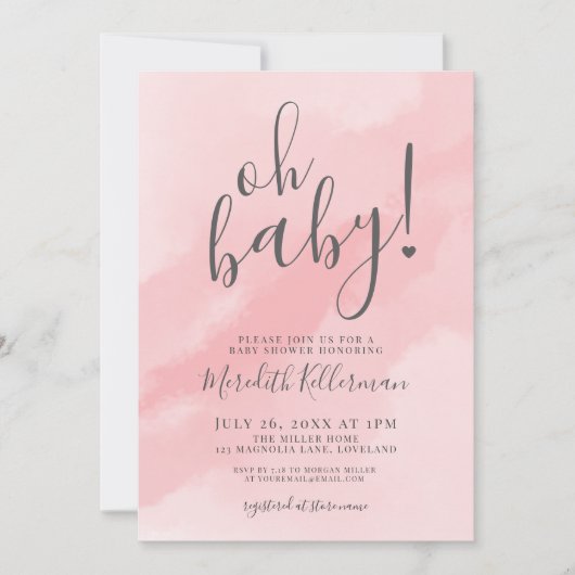 Meisje Eenvoudige Roze Waterverf Oh Baby shower Kaart (Voorkant)