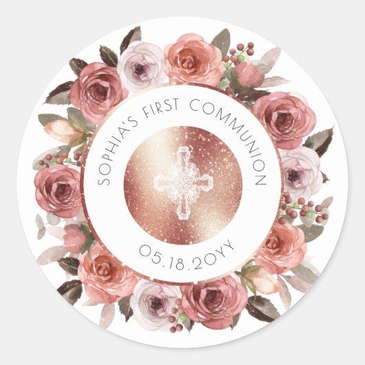 Meisje Eerste Communie, Bloemen envelop Seal/Favor Ronde Sticker (Voorkant)