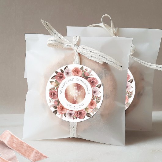 Meisje Eerste Communie, Bloemen envelop Seal/Favor Ronde Sticker