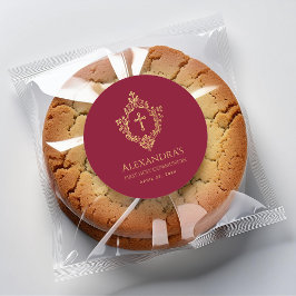 Meisje Eerste Communie Bourgondië Gouden Kruis Rel Ronde Sticker