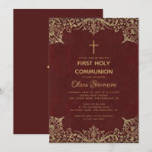 Meisje Eerste Communie Eerbiedig Bourgondië Goud V Kaart (Voorkant / Achterkant)