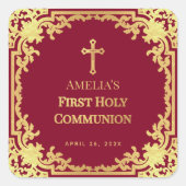 Meisje Eerste Communie Elegante Bourgogne & Faux G Vierkante Sticker (Voorkant)