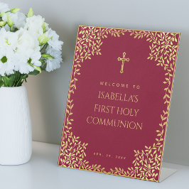 Meisje eerste communie Faux Gold verlaat Bourgogne Reclamebord Met Voetstuk