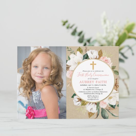 Meisje eerste communie foto uitnodiging rustiek (Staand voorkant)
