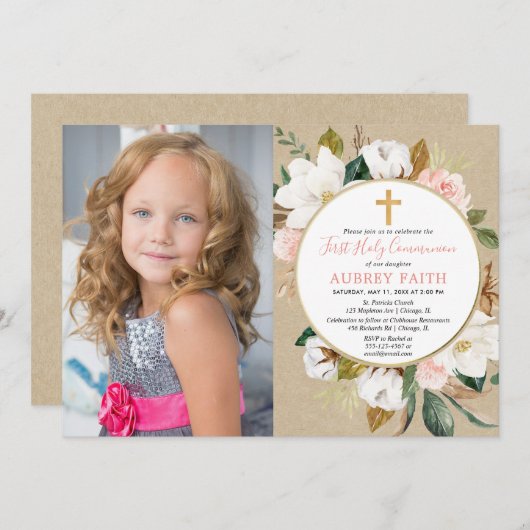 Meisje eerste communie foto uitnodiging rustiek (Voorkant / Achterkant)