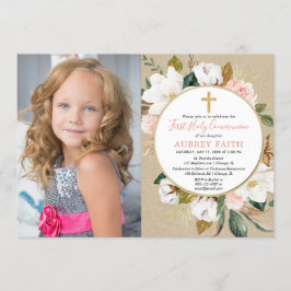 Meisje eerste communie foto uitnodiging rustiek