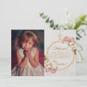 Meisje Eerste Communie Gouden Kruis Marmeren Roze Bedankkaart (Staand voorkant)