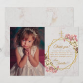 Meisje Eerste Communie Gouden Kruis Marmeren Roze Bedankkaart (Voorkant / Achterkant)