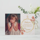 Meisje Eerste Communie Marmer Goud Roze Magnolia Bedankkaart (Staand voorkant)