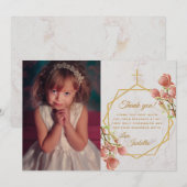Meisje Eerste Communie Marmer Goud Roze Magnolia Bedankkaart (Voorkant / Achterkant)