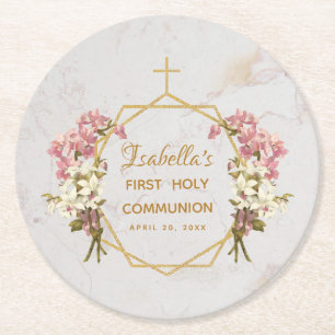 Meisje Eerste Communie Marmer Roze Orchidee Gouden Ronde Kartonnen Onderzetter